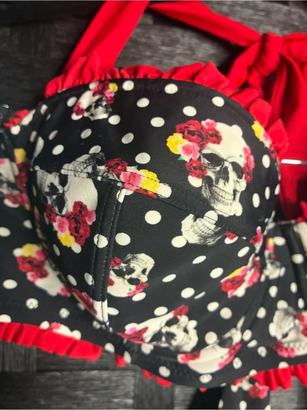 Hot Topic Black and Red Floral Polka Retro High-Waist Bikini Set